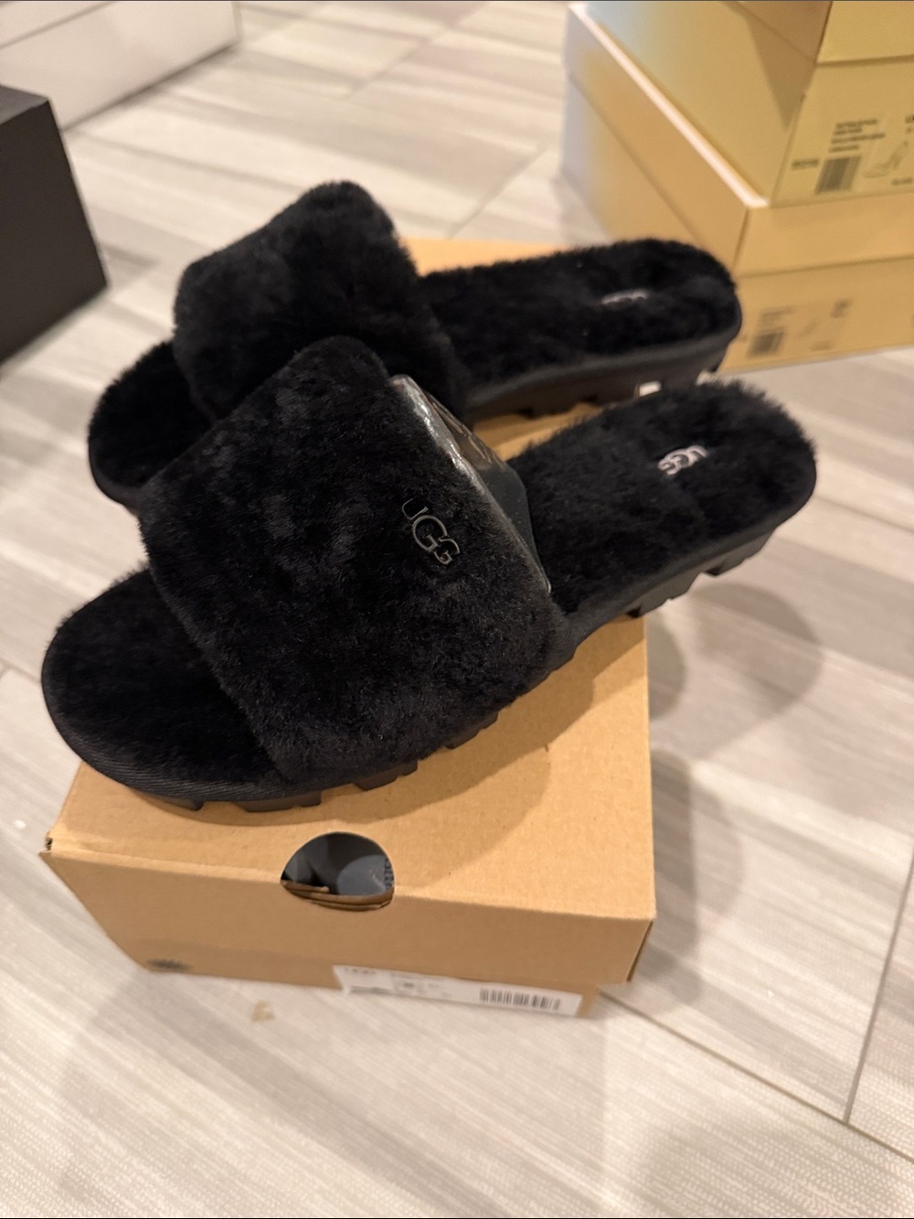 UGG Black Plush Slide - Women's Fuzzy Slip-On Slippers